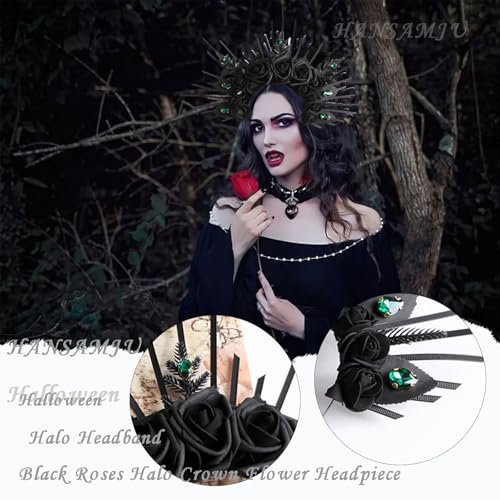 HANSAMU Halo Headband Black Roses - Crystal Gem Sunburst Spiked Tiara for Women Halloween Mexican Renaissance Cosplay - görsel 4