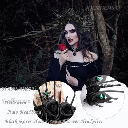 HANSAMU Halo Headband Black Roses - Crystal Gem Sunburst Spiked Tiara for Women Halloween Mexican Renaissance Cosplay