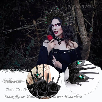 HANSAMU Halo Headband Black Roses - Crystal Gem Sunburst Spiked Tiara for Women Halloween Mexican Renaissance Cosplay