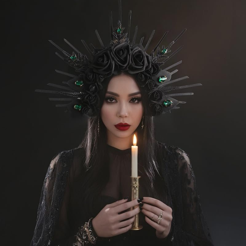 HANSAMU Halo Headband Black Roses - Crystal Gem Sunburst Spiked Tiara for Women Halloween Mexican Renaissance Cosplay - görsel 9