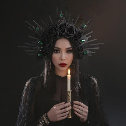 HANSAMU Halo Headband Black Roses - Crystal Gem Sunburst Spiked Tiara for Women Halloween Mexican Renaissance Cosplay