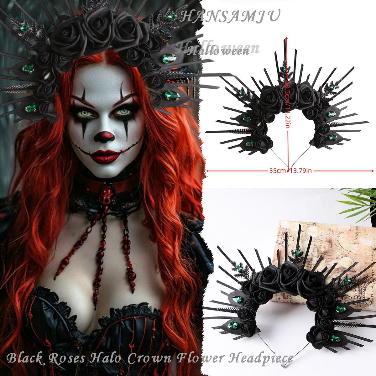 HANSAMU Halo Headband Black Roses - Crystal Gem Sunburst Spiked Tiara for Women Halloween Mexican Renaissance Cosplay - görsel 5