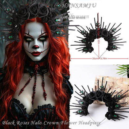 HANSAMU Halo Headband Black Roses - Crystal Gem Sunburst Spiked Tiara for Women Halloween Mexican Renaissance Cosplay