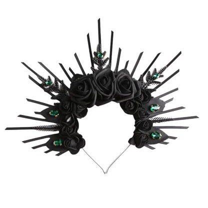 HANSAMU Halo Headband Black Roses - Crystal Gem Sunburst Spiked Tiara for Women Halloween Mexican Renaissance Cosplay