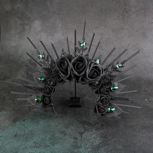 HANSAMU Halo Headband Black Roses - Crystal Gem Sunburst Spiked Tiara for Women Halloween Mexican Renaissance Cosplay - görsel 11
