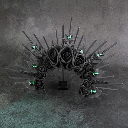 HANSAMU Halo Headband Black Roses - Crystal Gem Sunburst Spiked Tiara for Women Halloween Mexican Renaissance Cosplay