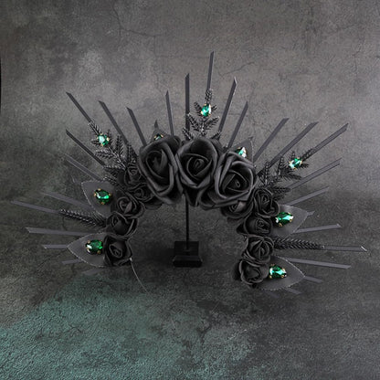HANSAMU Halo Headband Black Roses - Crystal Gem Sunburst Spiked Tiara for Women Halloween Mexican Renaissance Cosplay