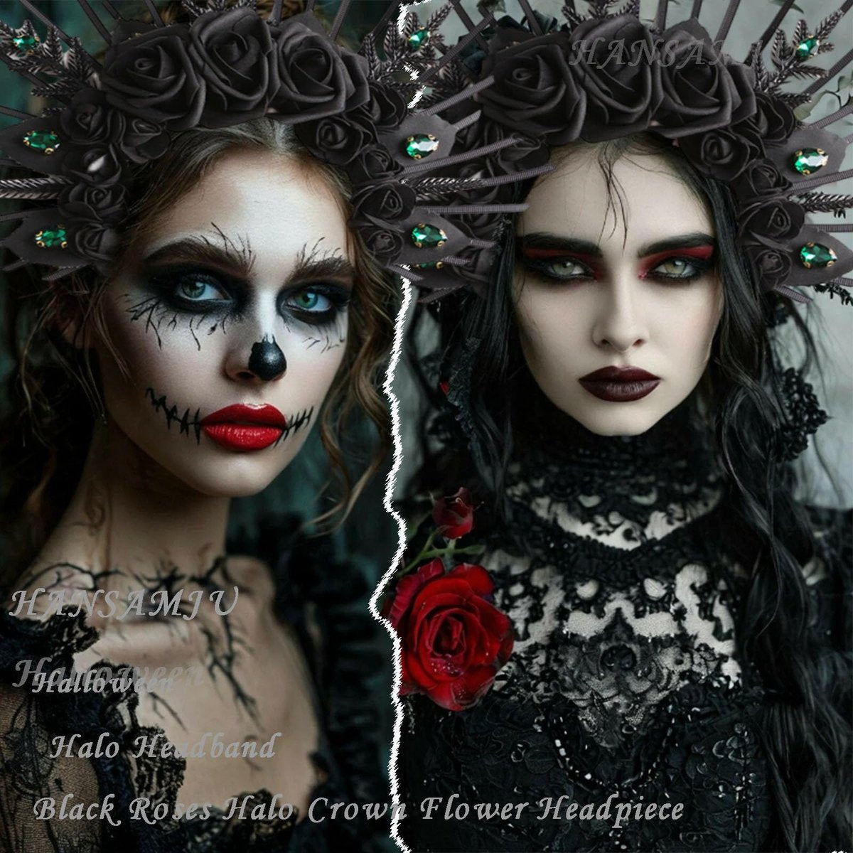 HANSAMU Halo Headband Black Roses - Crystal Gem Sunburst Spiked Tiara for Women Halloween Mexican Renaissance Cosplay - görsel 7