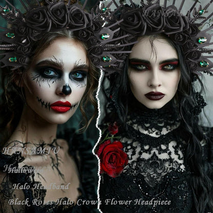 HANSAMU Halo Headband Black Roses - Crystal Gem Sunburst Spiked Tiara for Women Halloween Mexican Renaissance Cosplay