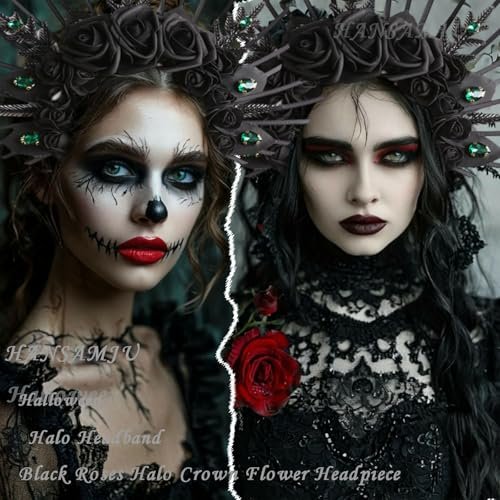 HANSAMU Halo Headband Black Roses - Crystal Gem Sunburst Spiked Tiara for Women Halloween Mexican Renaissance Cosplay - görsel 8