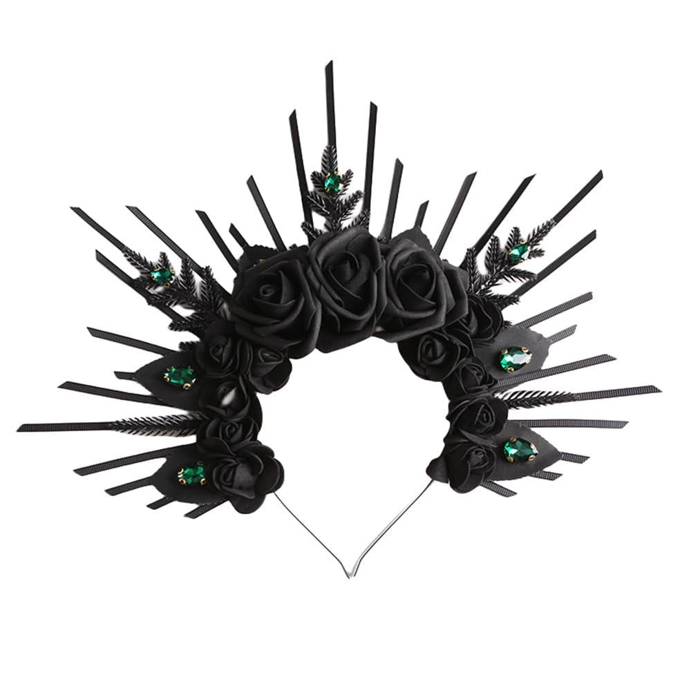 HANSAMU Halo Headband Black Roses - Crystal Gem Sunburst Spiked Tiara for Women Halloween Mexican Renaissance Cosplay - görsel 1
