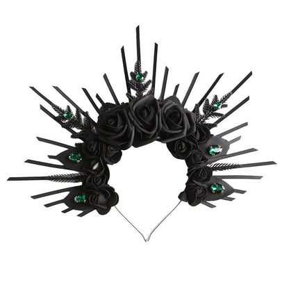 HANSAMU Halo Headband Black Roses - Crystal Gem Sunburst Spiked Tiara for Women Halloween Mexican Renaissance Cosplay