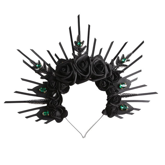 HANSAMU Halo Headband Black Roses - Crystal Gem Sunburst Spiked Tiara for Women Halloween Mexican Renaissance Cosplay