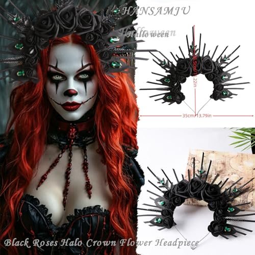 HANSAMU Halo Headband Black Roses - Crystal Gem Sunburst Spiked Tiara for Women Halloween Mexican Renaissance Cosplay - görsel 6