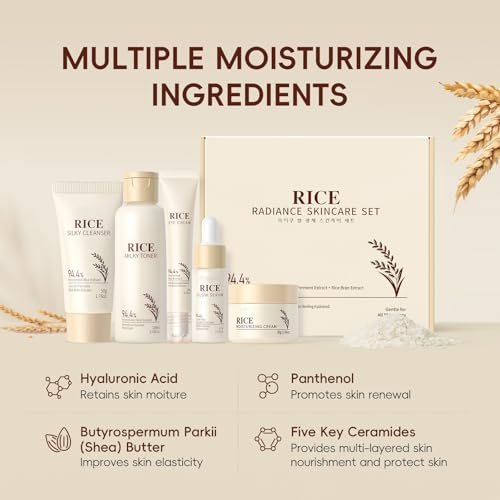 Moisturizing Korean Rice Skin Care Set – Radiance Skincare 5-Step Routine for Glowing Skin, All Skin Types Avelisse