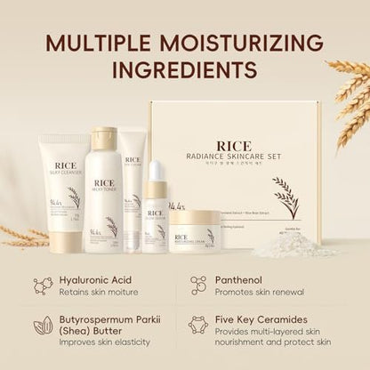 Moisturizing Korean Rice Skin Care Set – Radiance Skincare 5-Step Routine for Glowing Skin, All Skin Types Avelisse