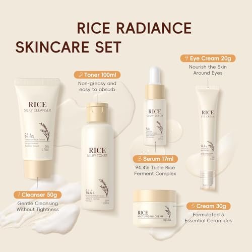 Moisturizing Korean Rice Skin Care Set – Radiance Skincare 5-Step Routine for Glowing Skin, All Skin Types Avelisse