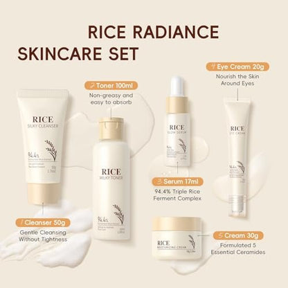 Moisturizing Korean Rice Skin Care Set – Radiance Skincare 5-Step Routine for Glowing Skin, All Skin Types Avelisse