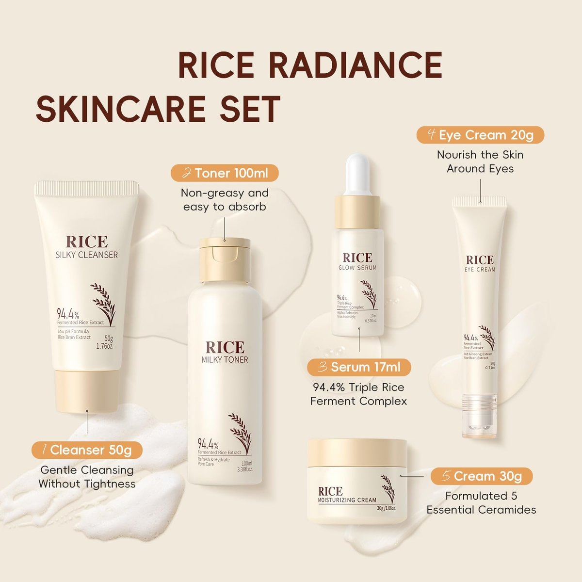 Moisturizing Korean Rice Skin Care Set – Radiance Skincare 5-Step Routine for Glowing Skin, All Skin Types Avelisse