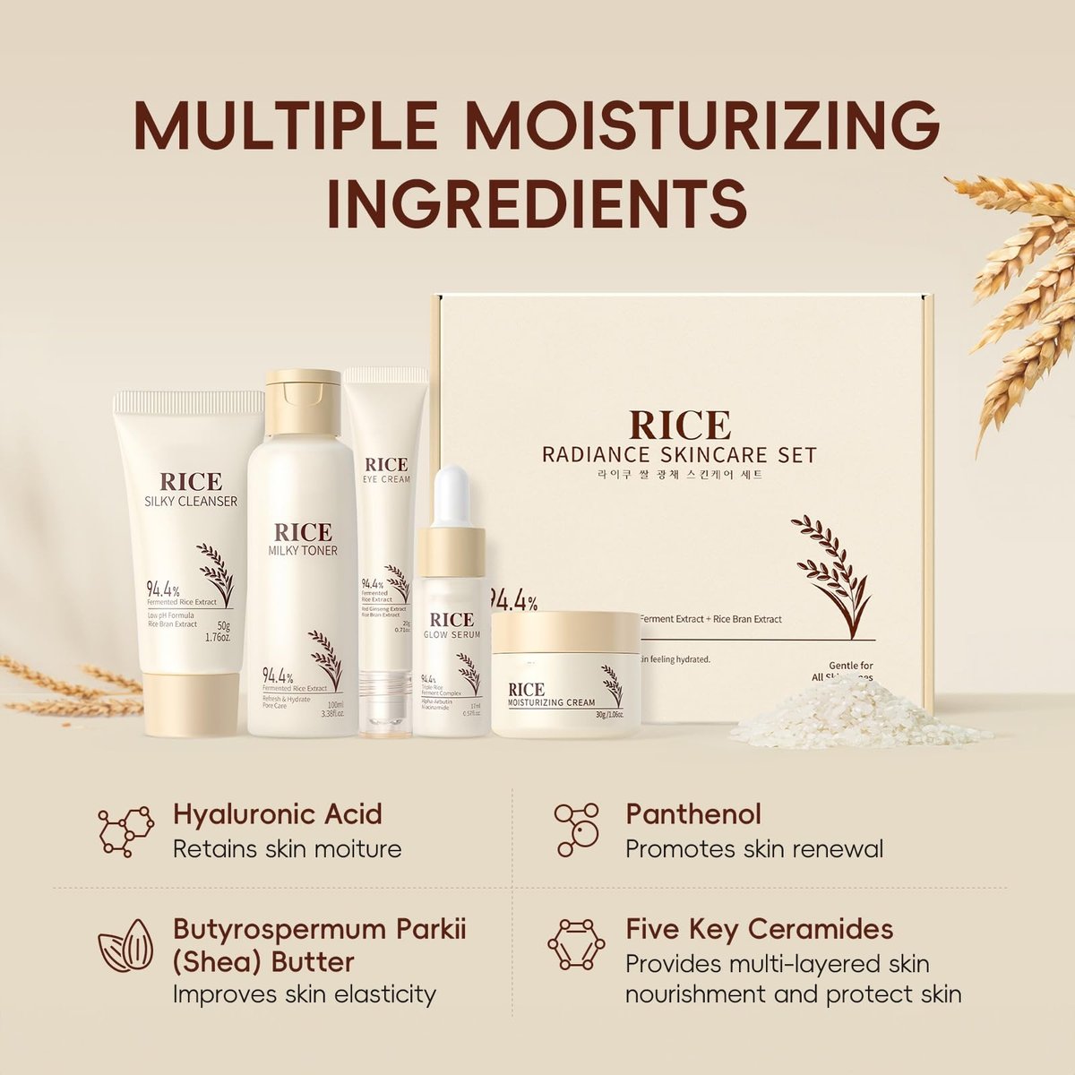 Moisturizing Korean Rice Skin Care Set – Radiance Skincare 5-Step Routine for Glowing Skin, All Skin Types Avelisse