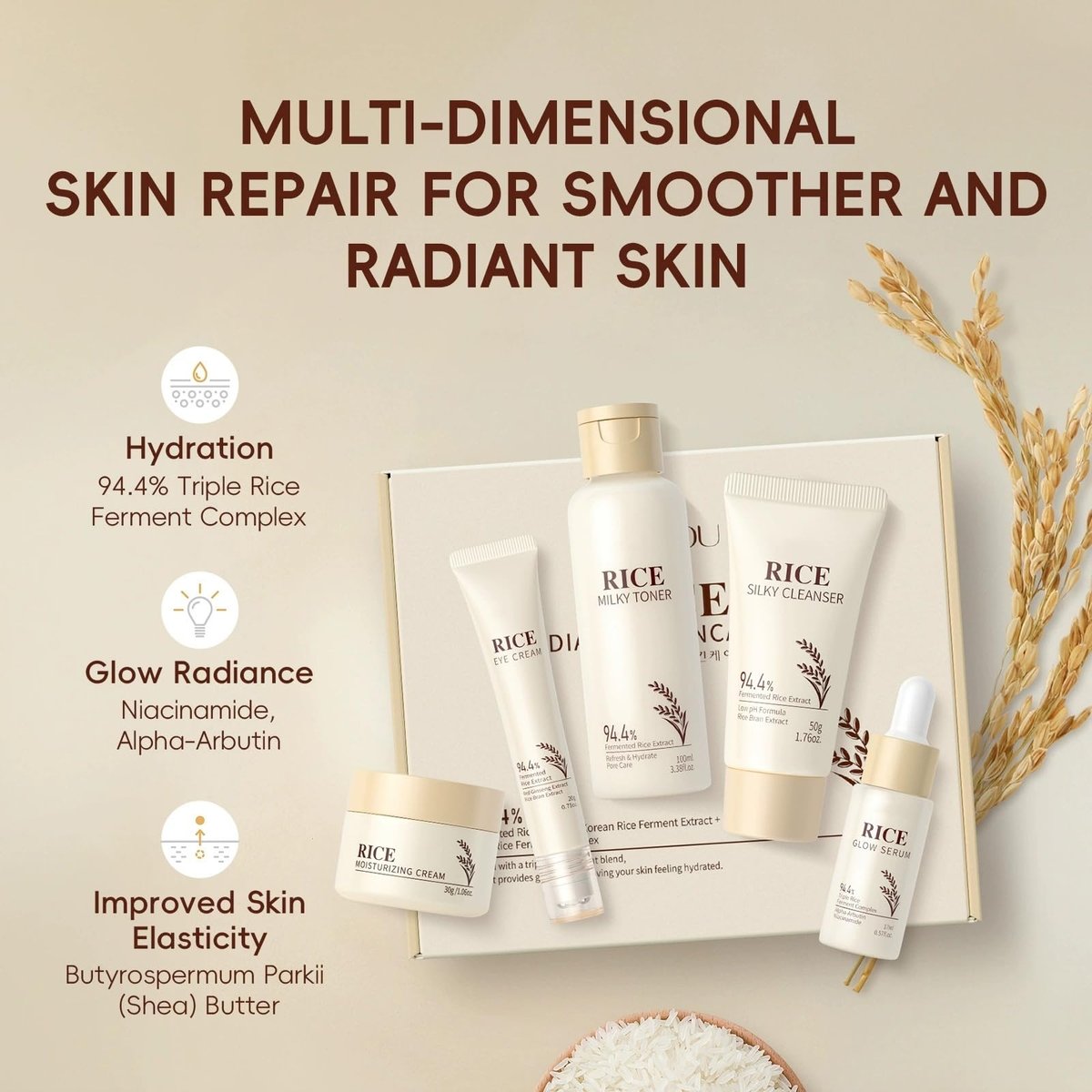 Moisturizing Korean Rice Skin Care Set – Radiance Skincare 5-Step Routine for Glowing Skin, All Skin Types Avelisse