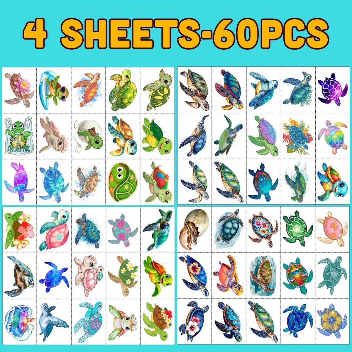 Turtle Temporary Tattoos for Kids & Adults – Under the Sea Party Favors (60Pcs, 4 Sheets, Pre-cut) - görsel 11