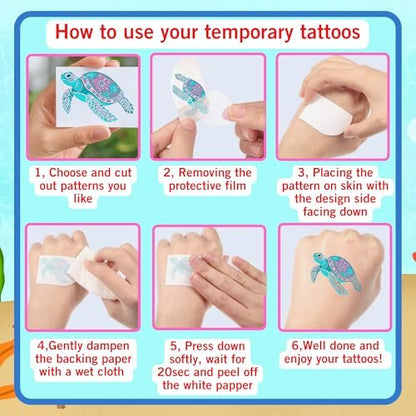 Turtle Temporary Tattoos for Kids & Adults – Under the Sea Party Favors (60Pcs, 4 Sheets, Pre-cut)