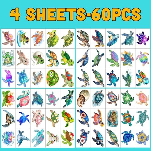Turtle Temporary Tattoos for Kids & Adults – Under the Sea Party Favors (60Pcs, 4 Sheets, Pre-cut) - görsel 12