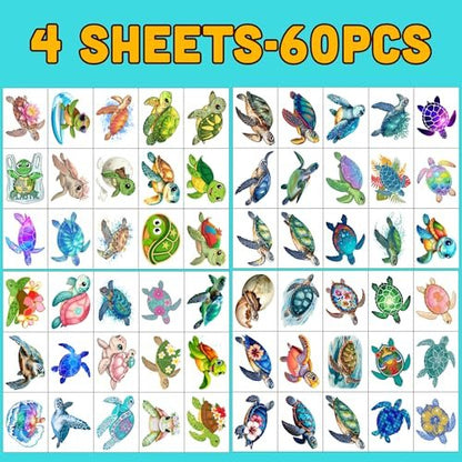 Turtle Temporary Tattoos for Kids & Adults – Under the Sea Party Favors (60Pcs, 4 Sheets, Pre-cut)