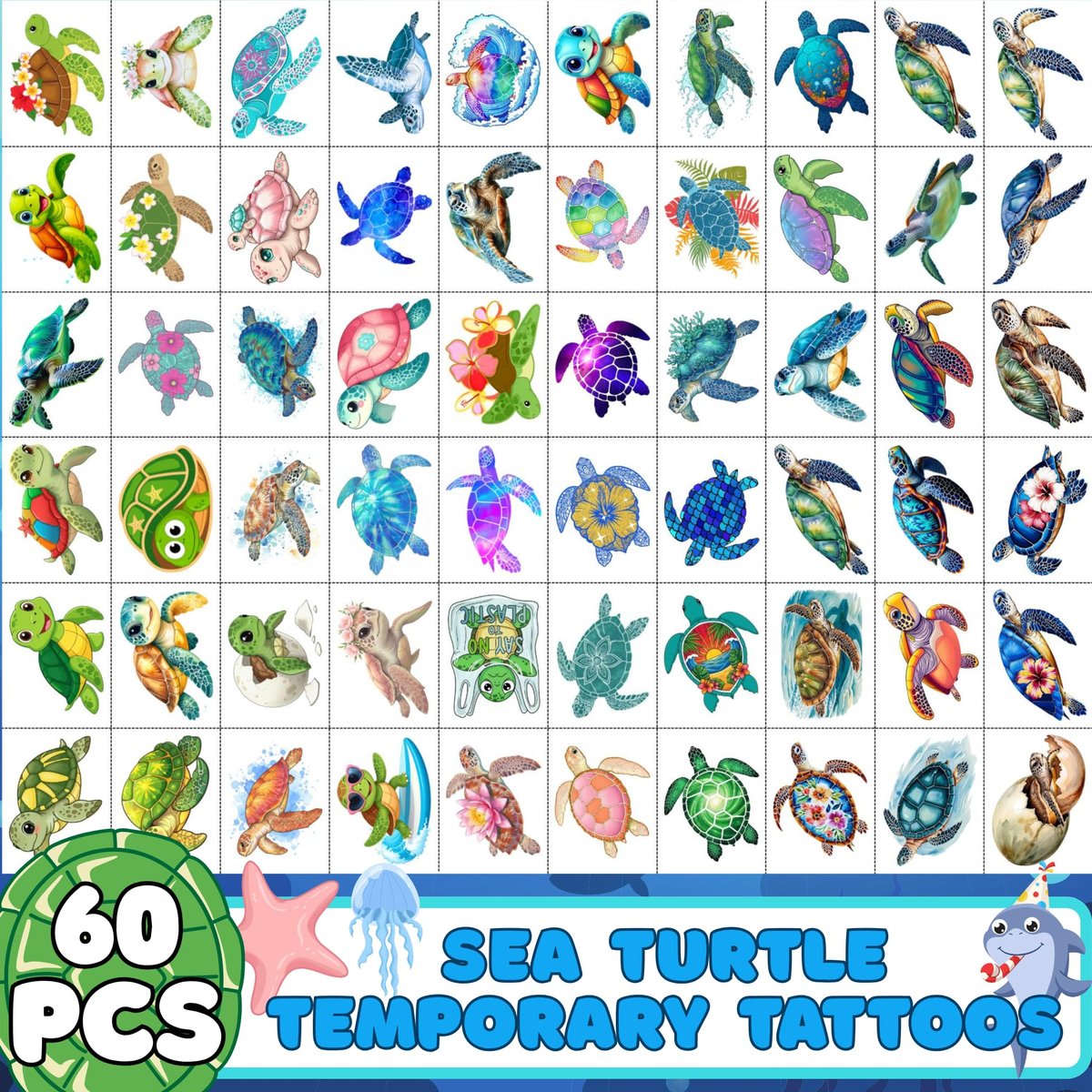 Turtle Temporary Tattoos for Kids & Adults – Under the Sea Party Favors (60Pcs, 4 Sheets, Pre-cut) - görsel 3