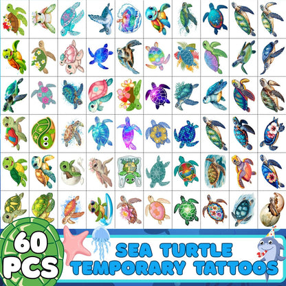 Turtle Temporary Tattoos for Kids & Adults – Under the Sea Party Favors (60Pcs, 4 Sheets, Pre-cut)