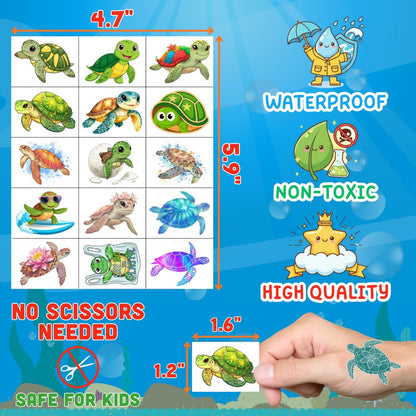 Turtle Temporary Tattoos for Kids & Adults – Under the Sea Party Favors (60Pcs, 4 Sheets, Pre-cut)