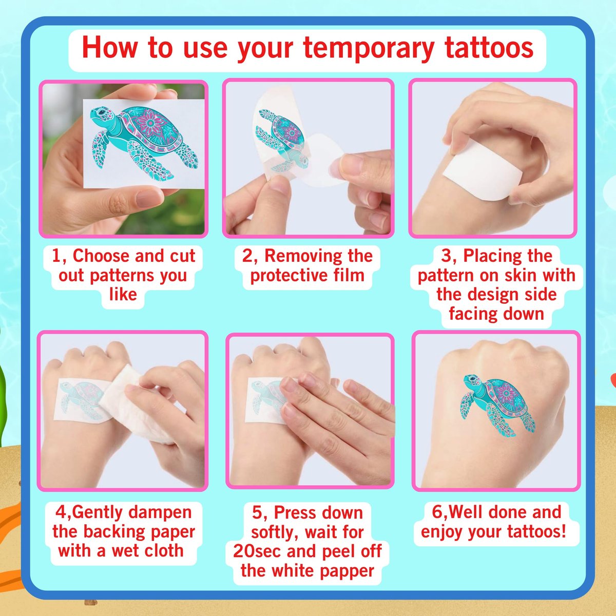 Turtle Temporary Tattoos for Kids & Adults – Under the Sea Party Favors (60Pcs, 4 Sheets, Pre-cut) - görsel 15
