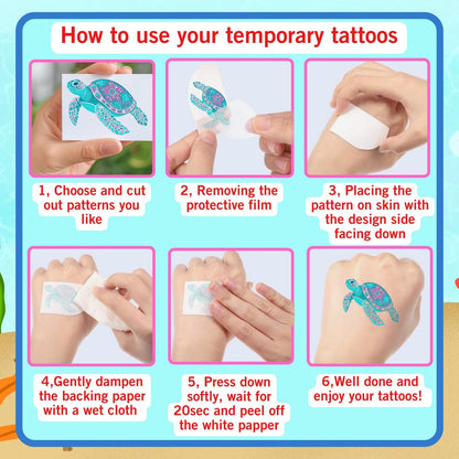 Turtle Temporary Tattoos for Kids & Adults – Under the Sea Party Favors (60Pcs, 4 Sheets, Pre-cut)