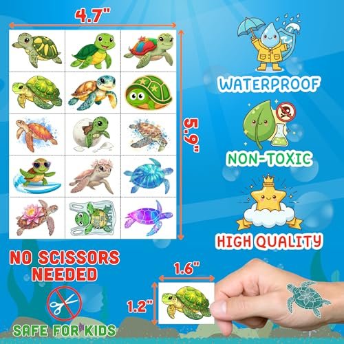 Turtle Temporary Tattoos for Kids & Adults – Under the Sea Party Favors (60Pcs, 4 Sheets, Pre-cut) - görsel 8