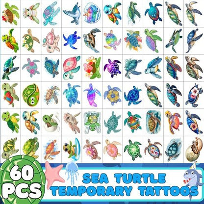 Turtle Temporary Tattoos for Kids & Adults – Under the Sea Party Favors (60Pcs, 4 Sheets, Pre-cut)