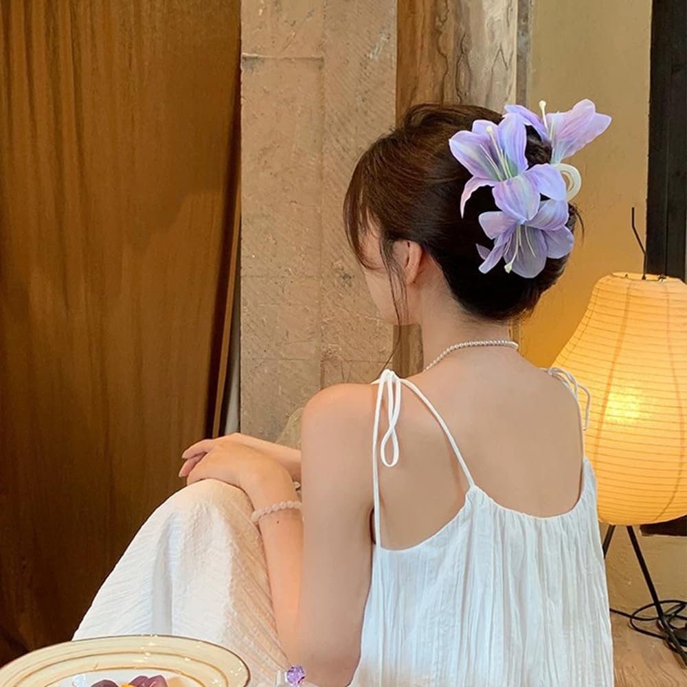 Purple Lily Flower Claw Clip for Women | Hawaii Floral Hair Clip, French Flower Hair Accessory for Styling Thin & Thick Hair - görsel 5