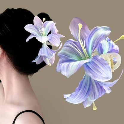 Purple Lily Flower Claw Clip for Women | Hawaii Floral Hair Clip, French Flower Hair Accessory for Styling Thin & Thick Hair