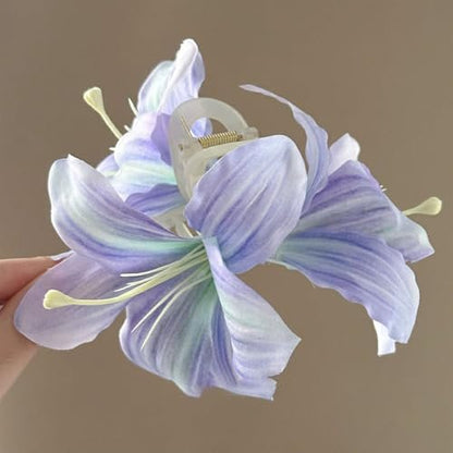 Purple Lily Flower Claw Clip for Women | Hawaii Floral Hair Clip, French Flower Hair Accessory for Styling Thin & Thick Hair