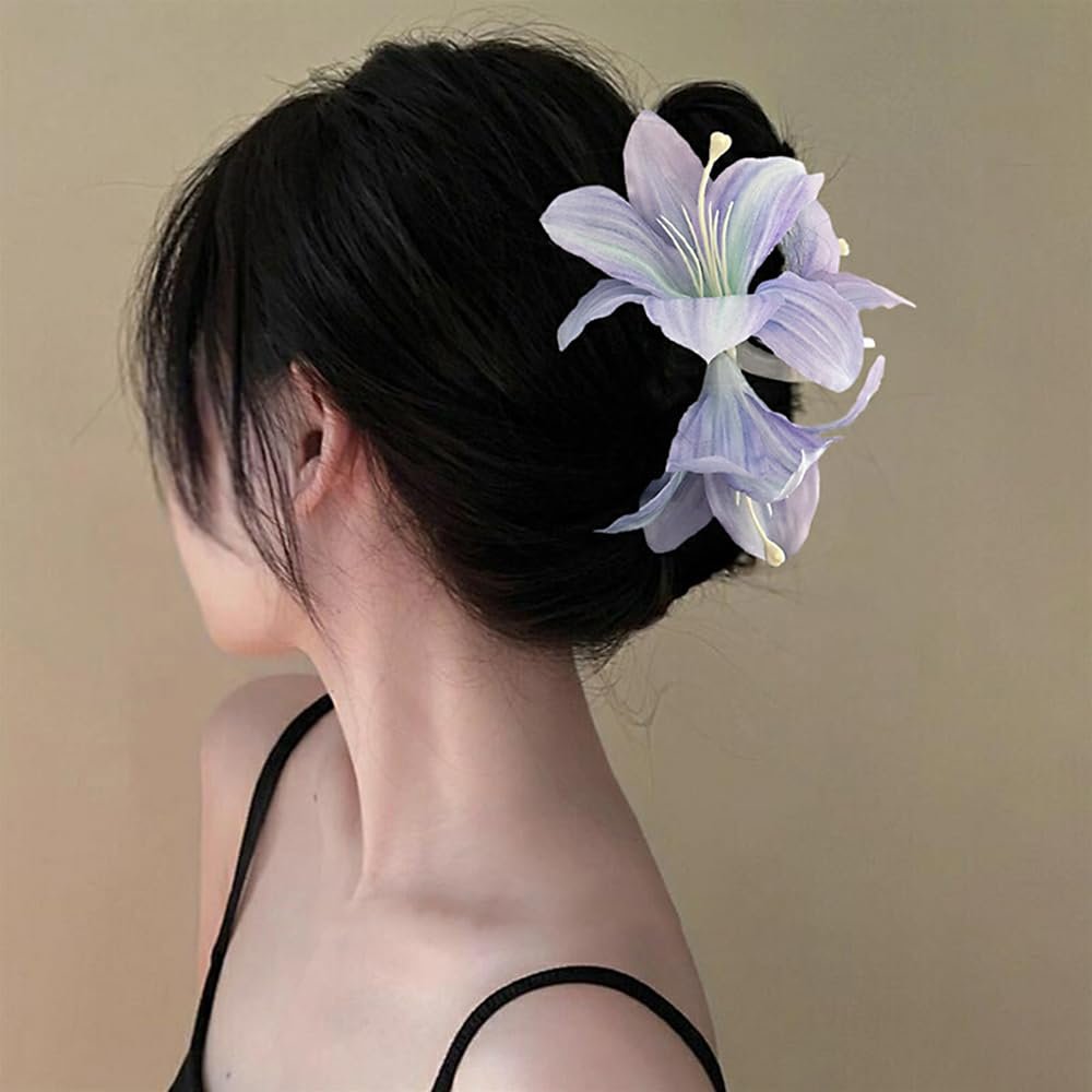 Purple Lily Flower Claw Clip for Women | Hawaii Floral Hair Clip, French Flower Hair Accessory for Styling Thin & Thick Hair - görsel 7