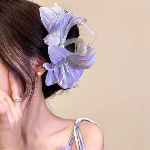 Purple Lily Flower Claw Clip for Women | Hawaii Floral Hair Clip, French Flower Hair Accessory for Styling Thin & Thick Hair - görsel 4
