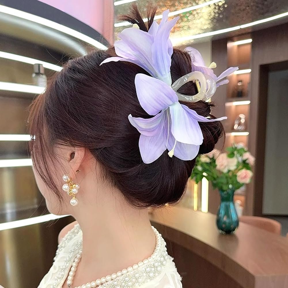 Purple Lily Flower Claw Clip for Women | Hawaii Floral Hair Clip, French Flower Hair Accessory for Styling Thin & Thick Hair - görsel 9