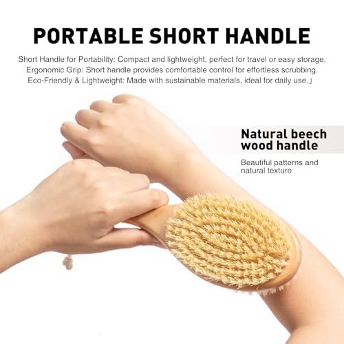Short-Handle Dual-Sided Bath Massage Brush – Soft Boar & Firm Sisal Bristles, Portable Natural Beech Wood Avelisse