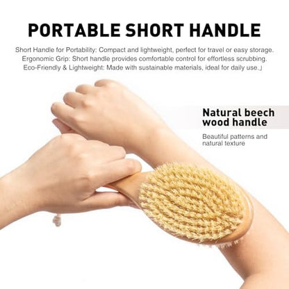 Short-Handle Dual-Sided Bath Massage Brush – Soft Boar & Firm Sisal Bristles, Portable Natural Beech Wood Avelisse