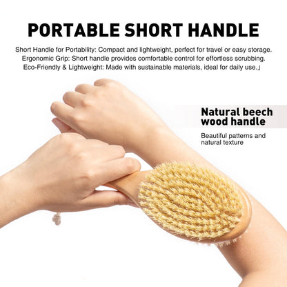 Short-Handle Dual-Sided Bath Massage Brush – Soft Boar & Firm Sisal Bristles, Portable Natural Beech Wood Avelisse