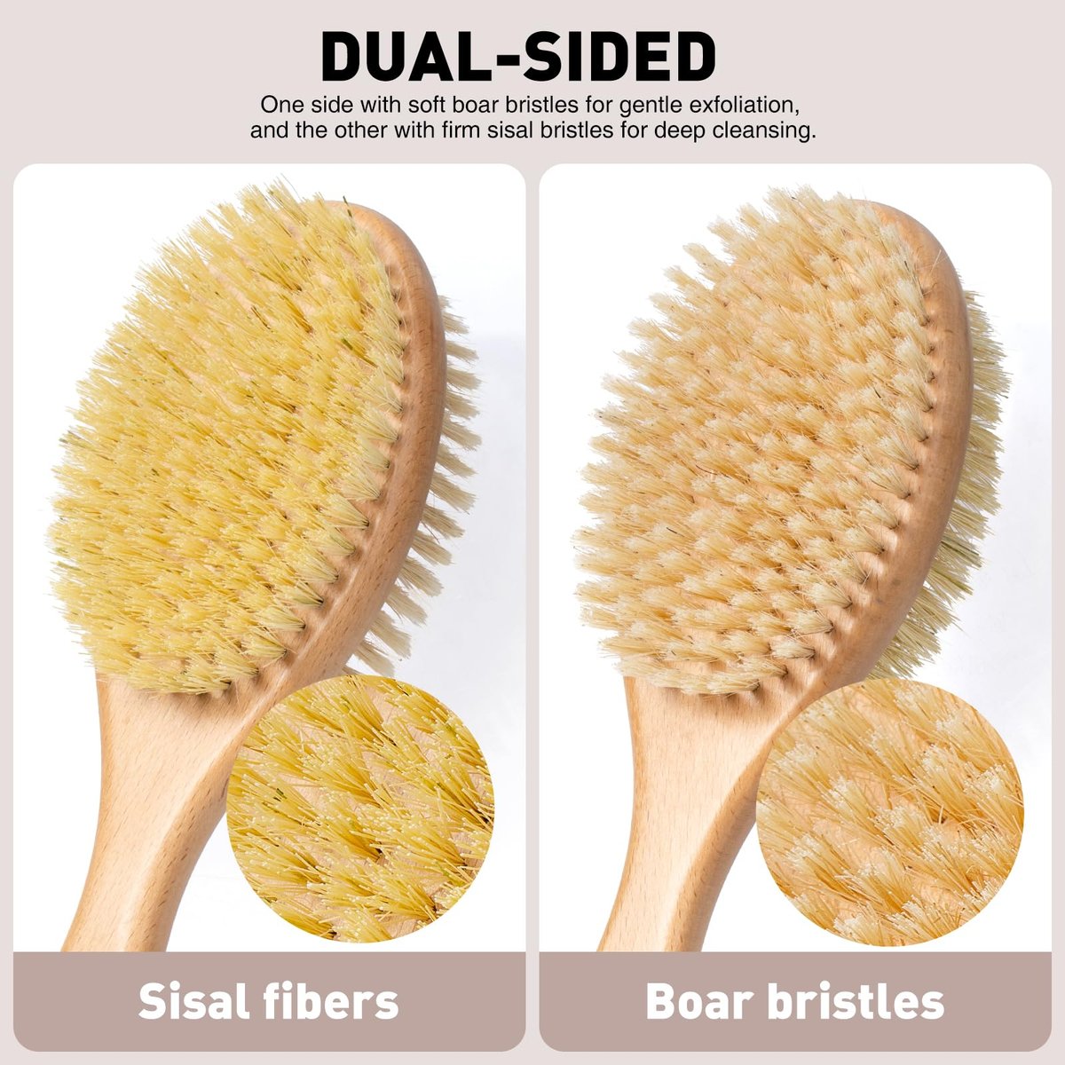 Short-Handle Dual-Sided Bath Massage Brush – Soft Boar & Firm Sisal Bristles, Portable Natural Beech Wood Avelisse