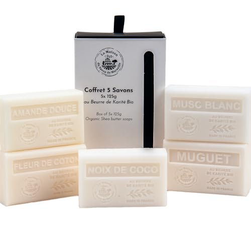 La Maison du Savon de Marseille White Collection Gift Set - 5 x 125g Organic Shea Butter Soap Bars - Sweet Almond, Cotton Flower, Lily of the Valley, White Musk, Coconut - görsel 2
