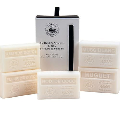 La Maison du Savon de Marseille White Collection Gift Set - 5 x 125g Organic Shea Butter Soap Bars - Sweet Almond, Cotton Flower, Lily of the Valley, White Musk, Coconut