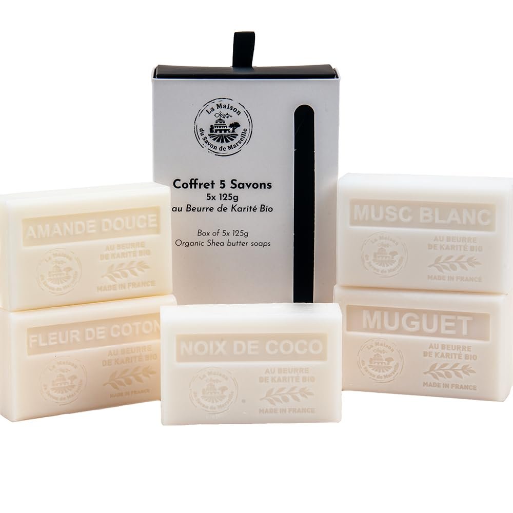 La Maison du Savon de Marseille White Collection Gift Set - 5 x 125g Organic Shea Butter Soap Bars - Sweet Almond, Cotton Flower, Lily of the Valley, White Musk, Coconut - görsel 1
