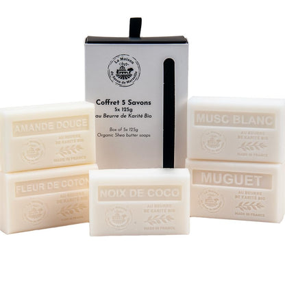 La Maison du Savon de Marseille White Collection Gift Set - 5 x 125g Organic Shea Butter Soap Bars - Sweet Almond, Cotton Flower, Lily of the Valley, White Musk, Coconut